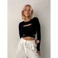 thumbnail image 6 of Womens Cutout Tops Basic Long Sleeve Round Neck Slim Fit T-Shirts Black S, 6 of 9