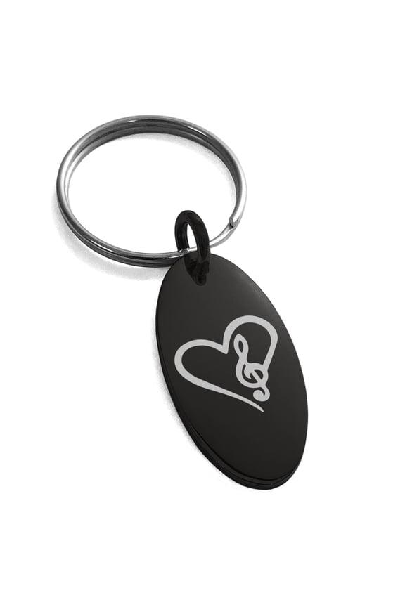 Stainless Steel Love Music Treble Clef Heart Engraved Small Oval Charm Keychain Keyring