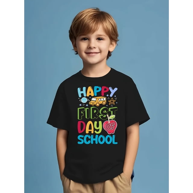 Happy First Day of School" Boys' Casual T-Shirt - Breathable Polyester, Crew Neck, Short Sleeve, Colorful Print with School-Themed Graphics, Perfect for Spring/Summer/Fall, Everyday Tshirt | Cre