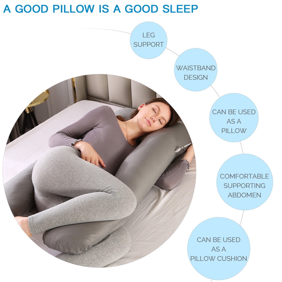 Topchances Pregnancy Pillow Maternity Belly Contoured Body with Cotton Cover Grey