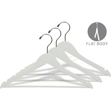 White Wood Suit Hanger w/ Solid Wood Bar, Box of 50 Space Saving 17 Inch Flat Wooden Hangers w/ Chrome Swivel Hook & Notches for Shirt Dress or Pants by International