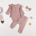 thumbnail image 5 of NOLDARES Newborn Baby Girl Clothes Ribbed Long Sleeve Ruffle Romper Bell-Bottom Pants Headband Set 3Pcs Fall Winter Outfits(Red,6-9 M), 5 of 7