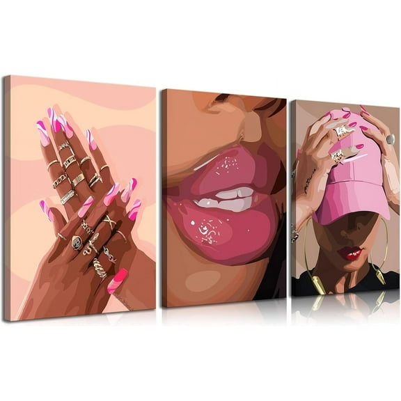 3Pcs African American Black Woman Canvas Wall Art pink Fashion Black Girl Posters Prints Wall Decor Pictures for Home Living Room Bedroom Bathroom Decoration Und