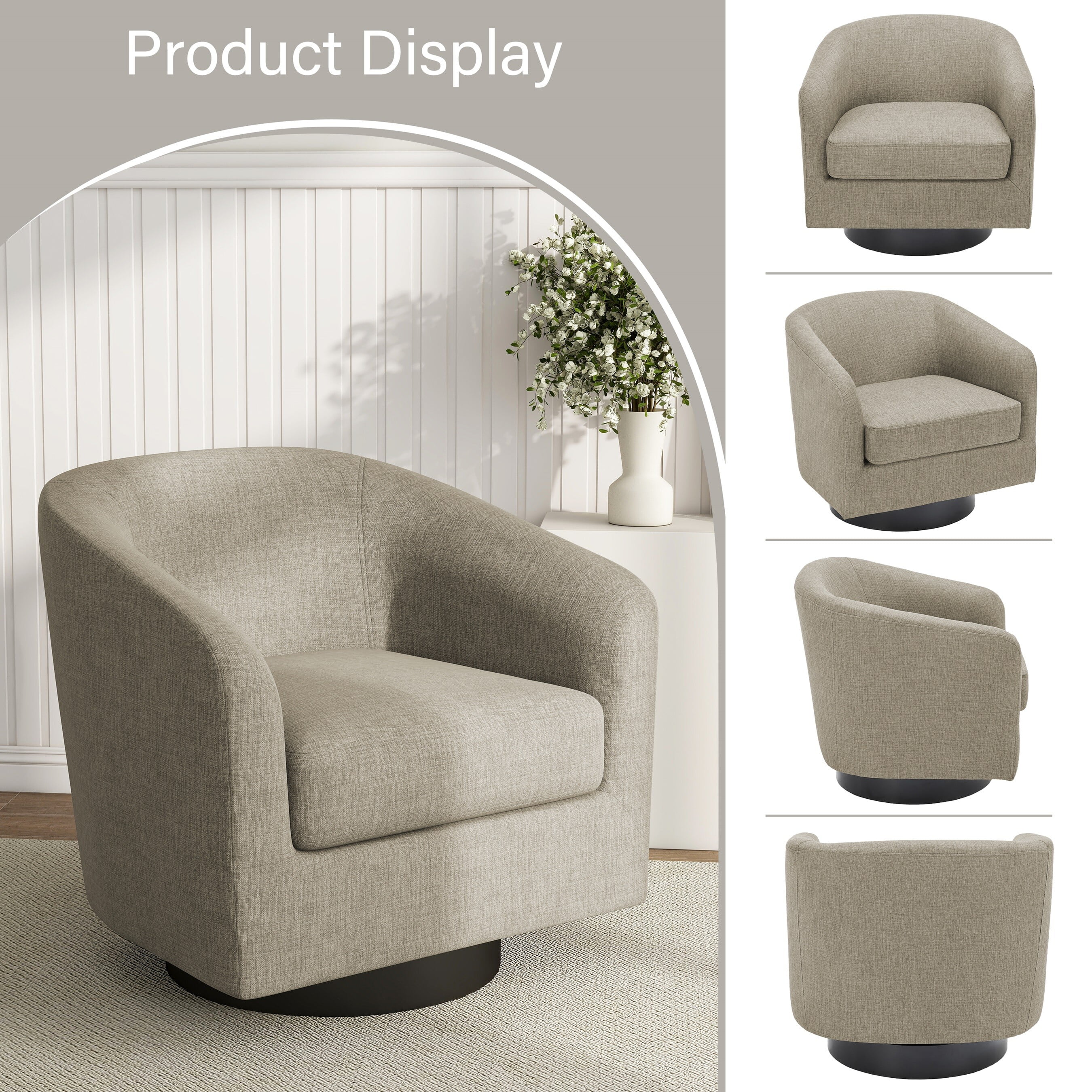 DREAMSIDEA Swivel Barrel Accent Chairs Set of 2, Modern Upholstered Living Room Chair Round Club Armchair-Light Brown