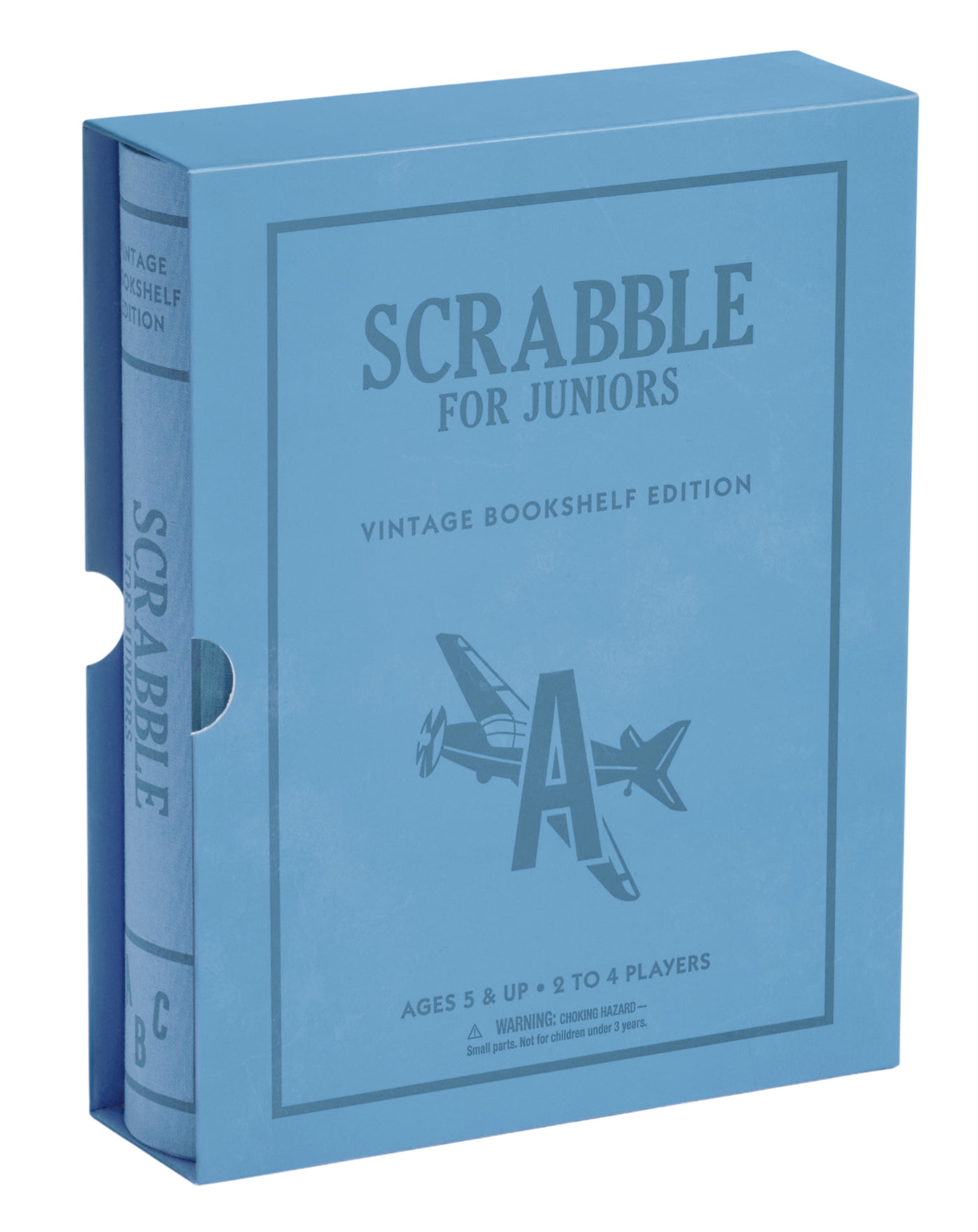 WS Game Company Scrabble Junior Vintage Bookshelf Edition – 2-Sided Board Grows with Your Child – Fabric Wrapped Book Storage Word Game for Ages 5 and Up