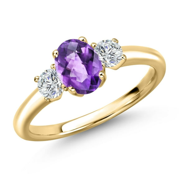 Gem Stone King 10K Yellow Gold Purple Amethyst and Lab Grown Diamond Engagement Ring for Women | 1.09 Cttw | Oval Checkerboard 7X5MM | Gemstone February Birthstone | Size 9
