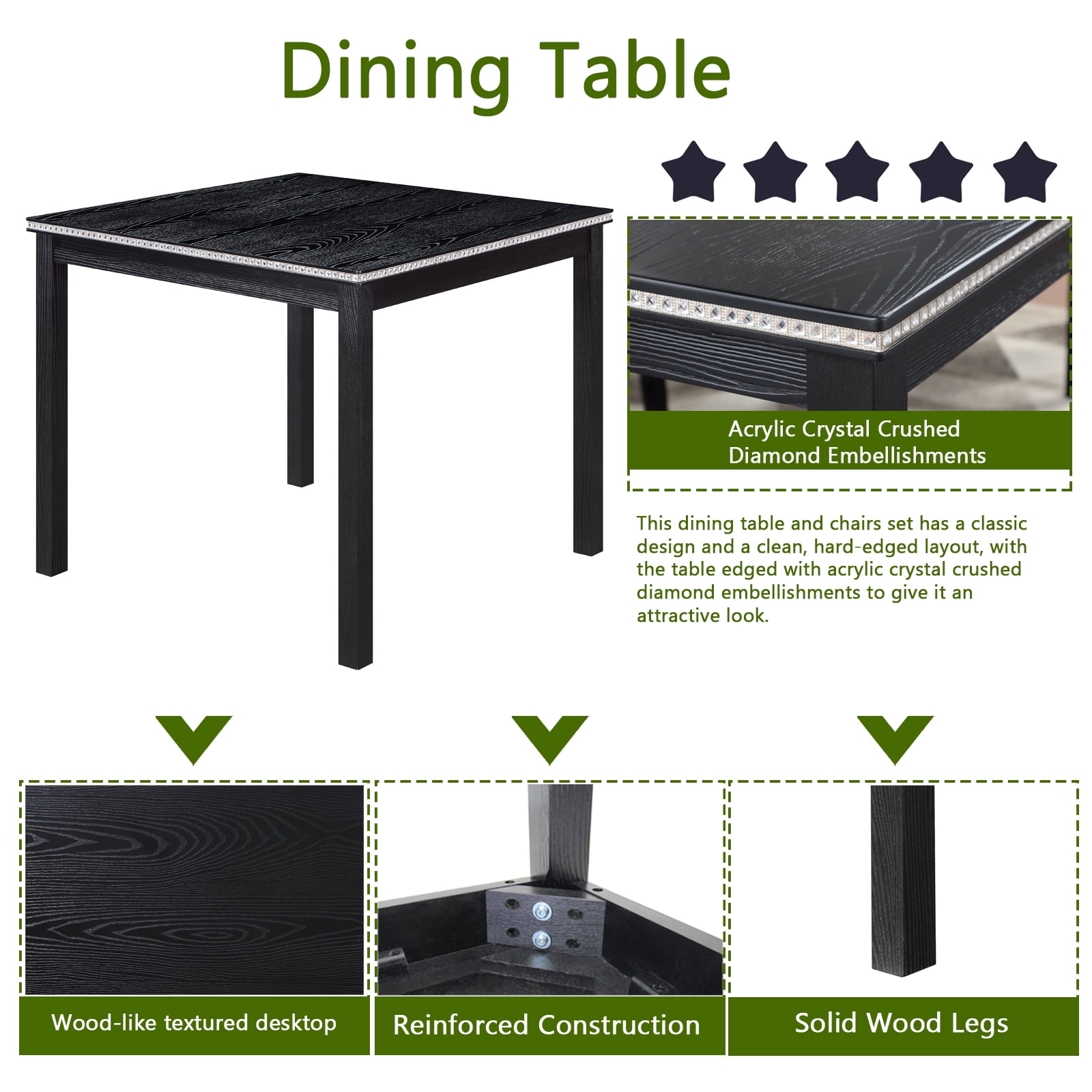 MAYEERTY 5 Piece Wooden Dining Table Set, Kitchen Table Set with a Square Table and 4 Upholstered Chairs, Wooden Dining Room Table with Crystal Decoration Chairs Set, Black