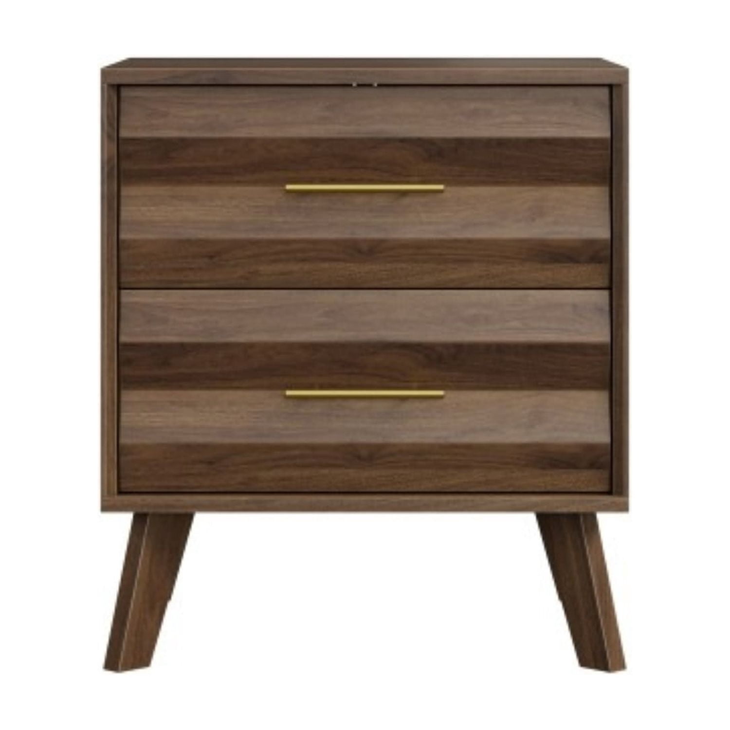 Walnut Nightstand, Mid Century Modern Bedside Table with 2 Drawers, Metal Handles and Solid Wood Legs, Storage End Table for Bedroom Living Room