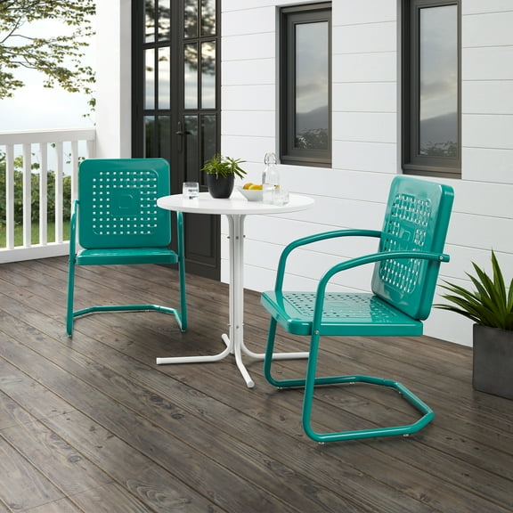 Homestock Rustic Refinement 3Pc Outdoor Metal Bistro Set With White Satin Bistro Table & 2 Armchairs