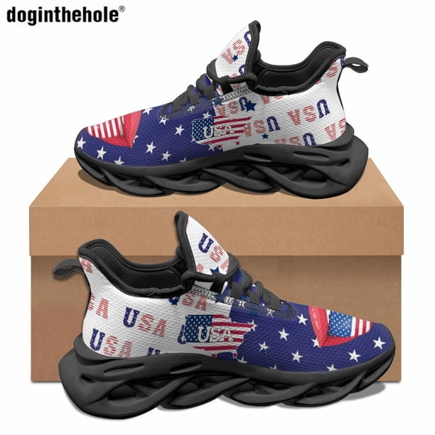 Zapatillas Doginthehole con diseño artístico y estampado de bandera estadounidense para mujer y hombre, clásicas zapatillas de verano para correr al aire libre, informales con cordones