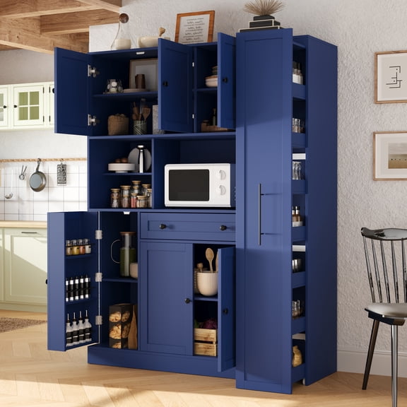 Harper & Bright Designs Farmhouse Kitchen Pantry Cabinet with Hutch, Tall Kitchen Storage Cabinet with Pull-Out Side Cabinet, Freestanding Cupboard with Door Shelves and Drawer for Dining Room, Blue