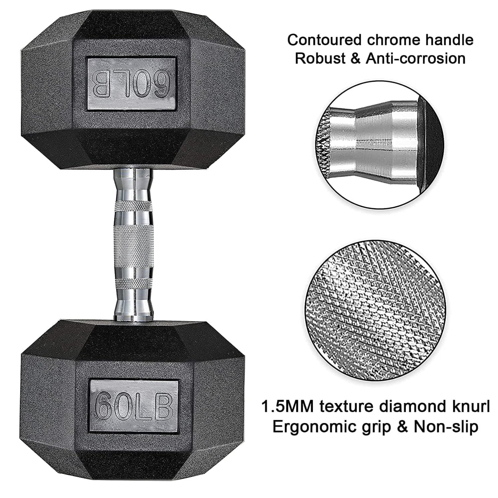Pirecart Dumbbells Rubber Coated Cast Iron Hex Black Dumbbell Free Weights Dumbbell, 60lb Dumbbell Single