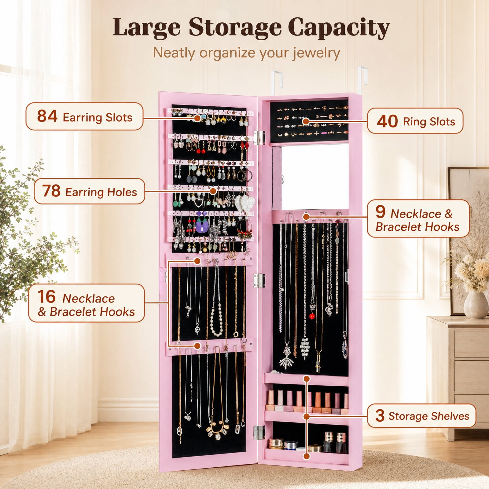 Furnibear Jewelry Cabinet Wall or Door Mounted Jewelry Armoire Modern Hanging Jewelry Organizer for Bedroom Dressing Room Jewelry Necklace, Pink
