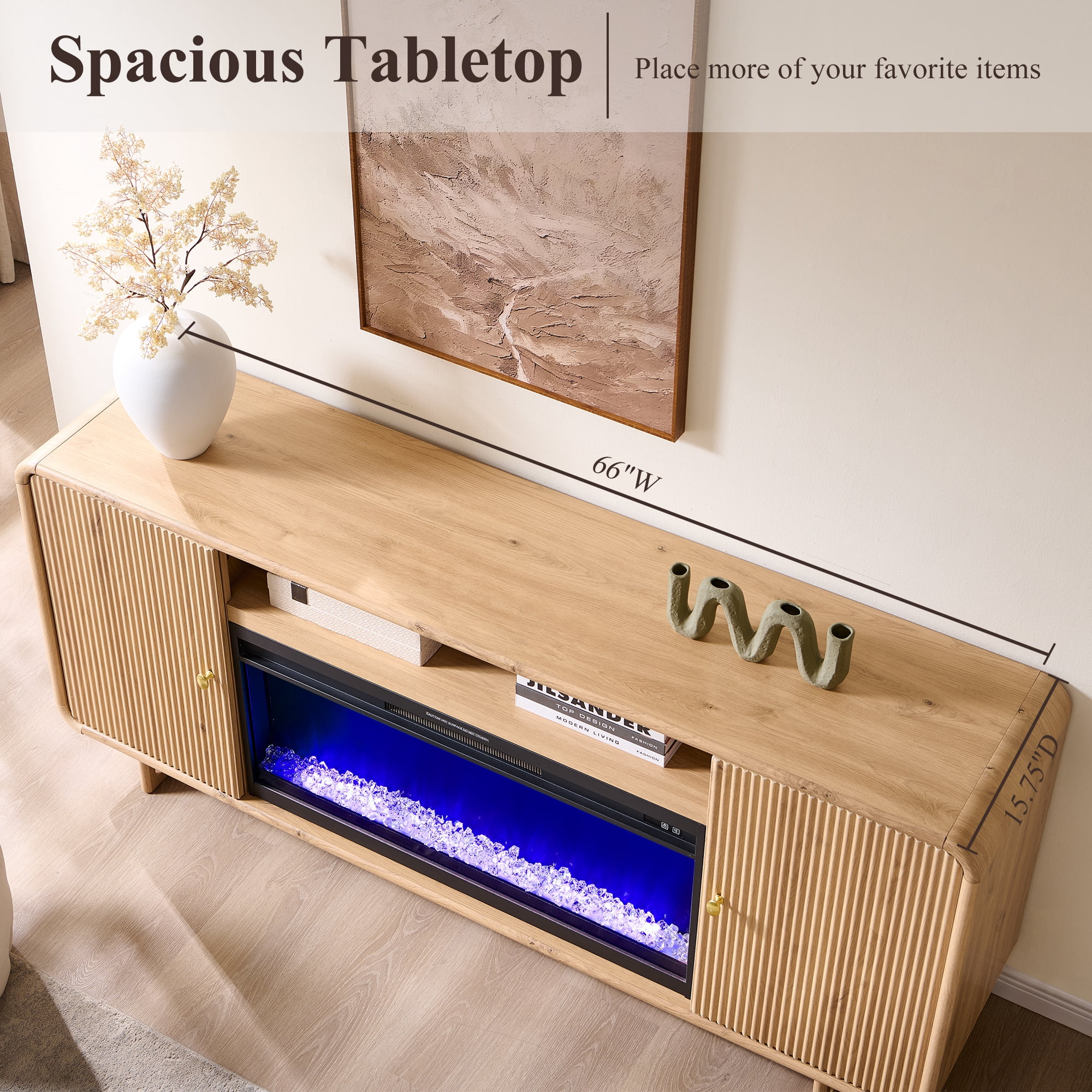 SinCiDo 70" Modern Fluted Fireplace TV Stand for 80 Inch TV, Entertainment Center w/36'' Electric Fireplace, Wood Media TV Console for Living Room