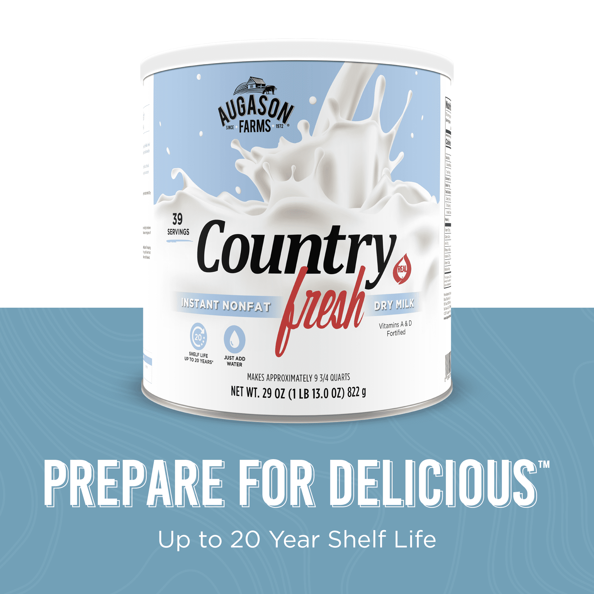 Country Fresh Instant Nonfat Dry Milk Powder, 39 Servings, 20 Year Shelf Life, Gluten Free - Canned Vitamin-Fortified Nonfat Milk Powder for Baking and Emergency Food Supplies
