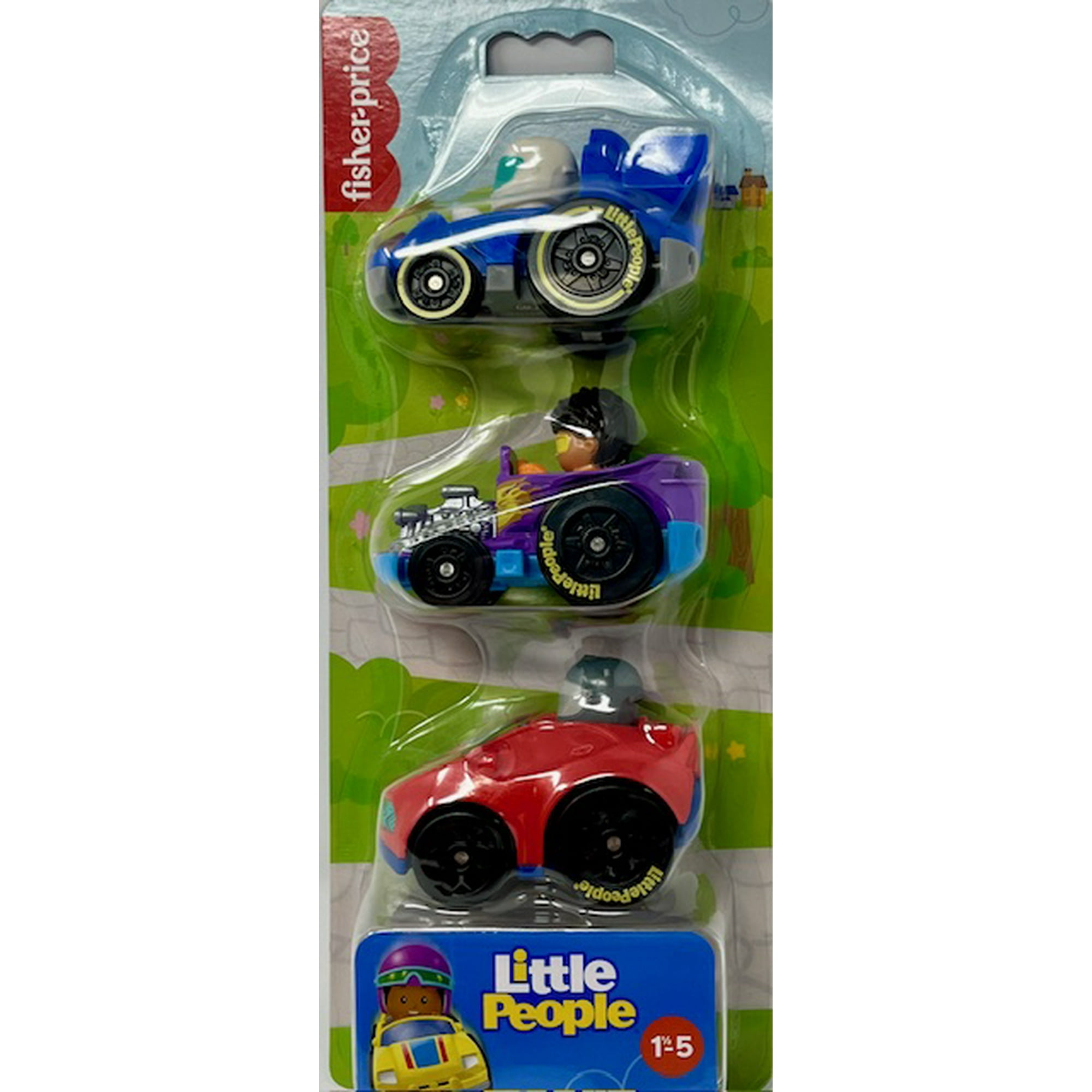 Fisher Price Little People Three Wheelie Vehicles Race Car, Hot Rod and Blue Race Car 3" Vehicles