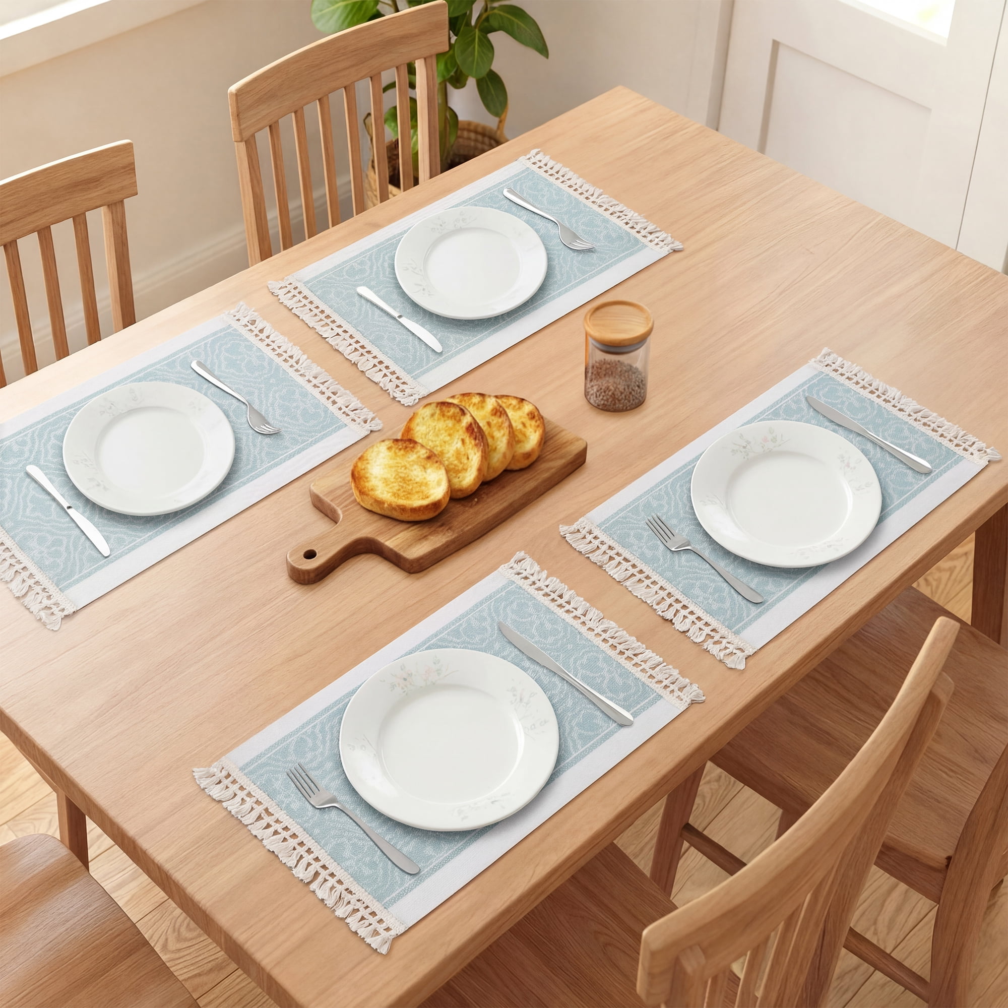 Unique Bargains Set of 4 Linen Farmhouse Placemats Light Green 17.7x13.8inch