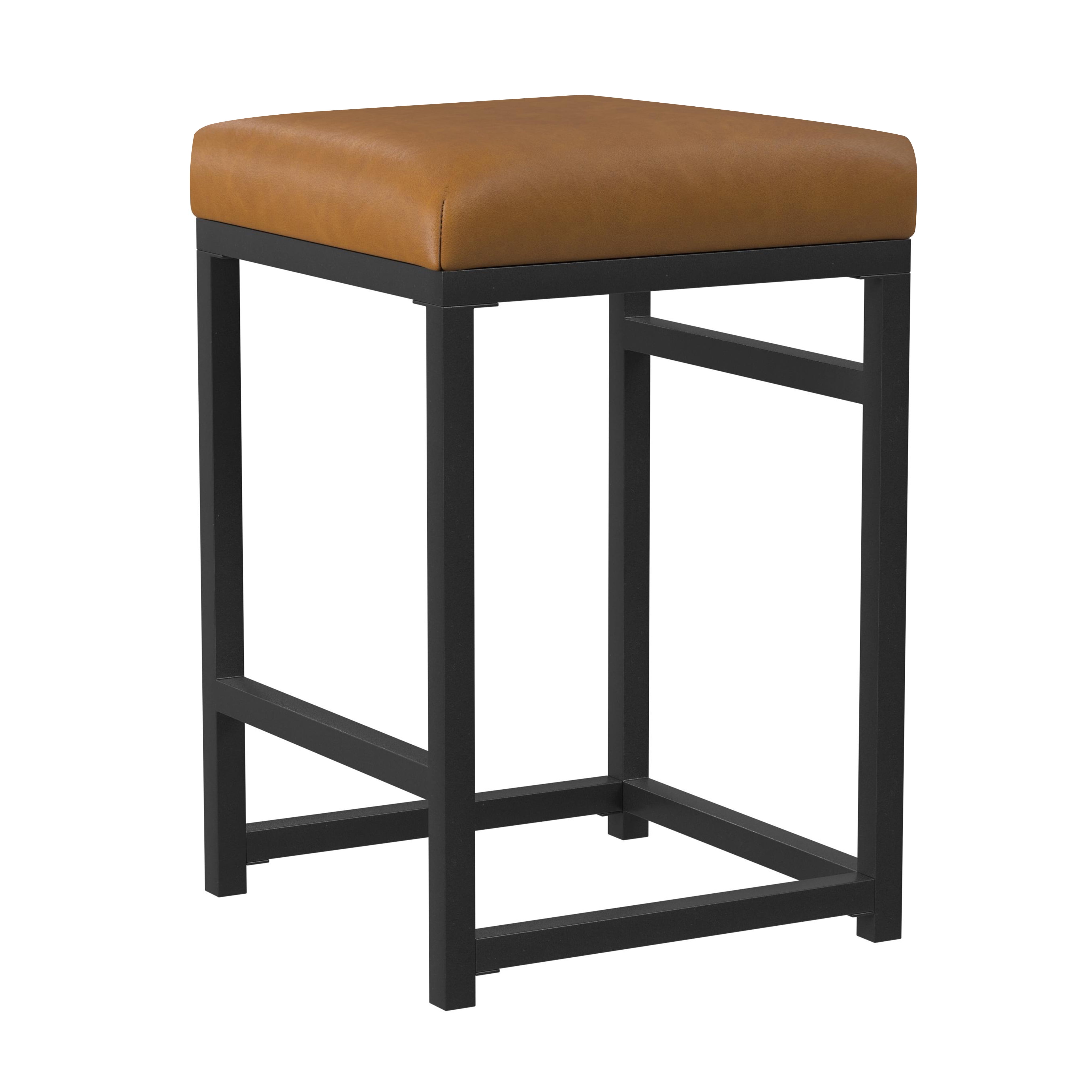 HomePop 24" Indoor Square Backless Metal Upholstered Counter Stool, Carmel Faux Leather
