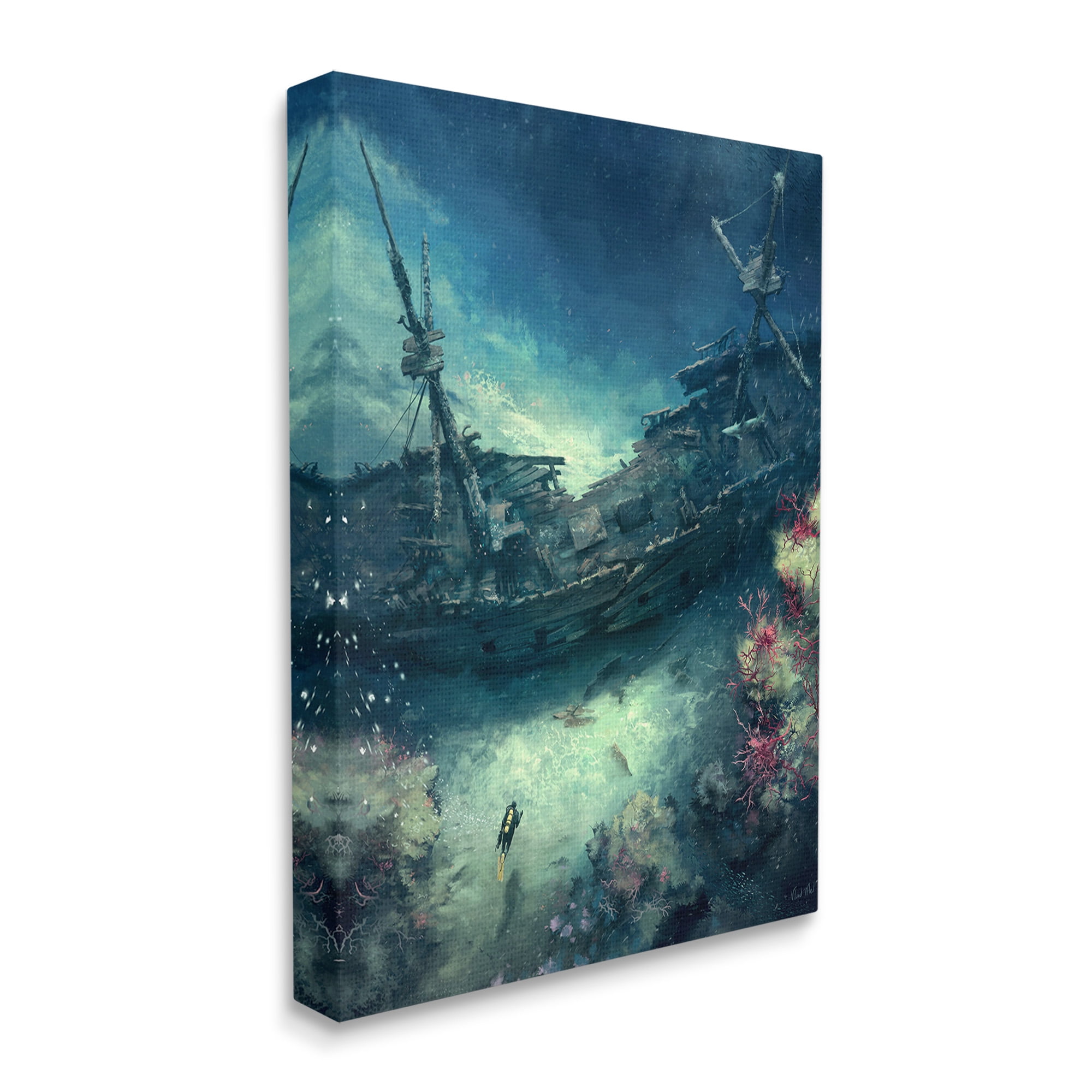 Stupell Industries Deep Sea Shipwreck Transportation Painting Gallery Wrapped Canvas Art Print Wall Art, 16 x 20
