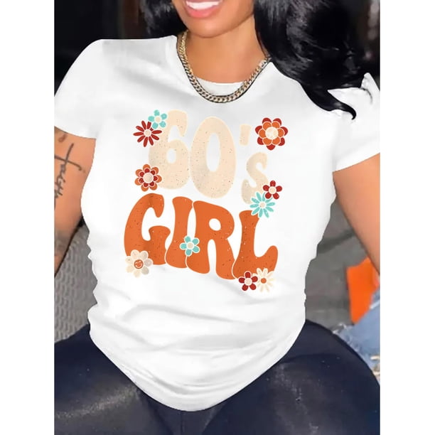 Retro Floral Print Women's T-Shirt - Casual Crew Neck, Short Sleeve, Stretchy Polyester Blend, Machine Washable - Perfect for Summer & Everyday Fashion