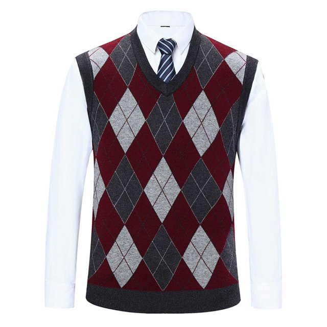 Men's Wool V Neck Knitted Sweater Vest Cardigan Color Block Casual Versatile Sleeveless Pullover for Layering