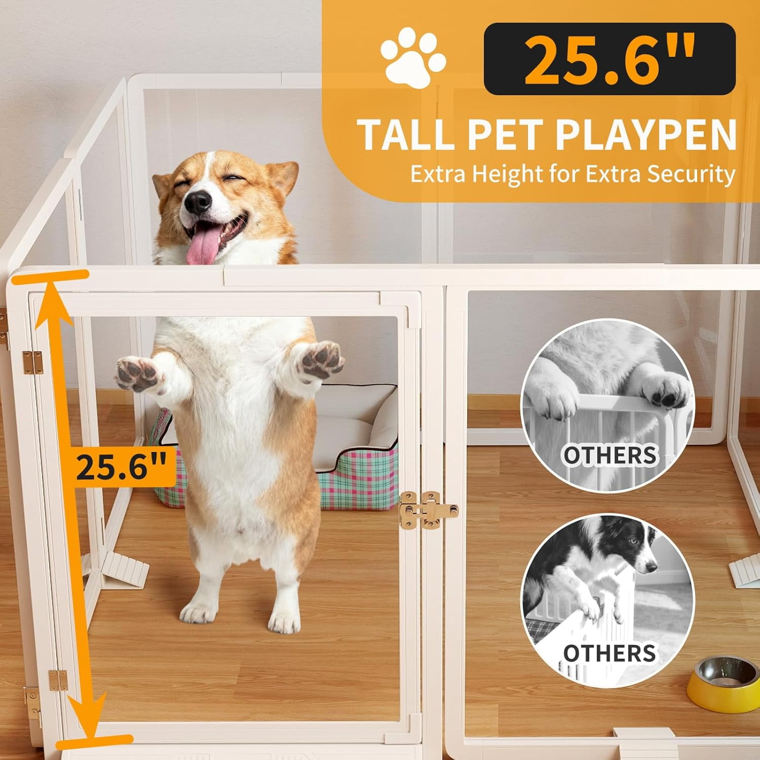 Slsy Indoor Clear Dog Playpen, Foldable Dog Playpen for Puppies, Cats and Small Animals, 26 Inch Clear Pet Puppy Playpen, 8 Panels, White Aluminum Frame