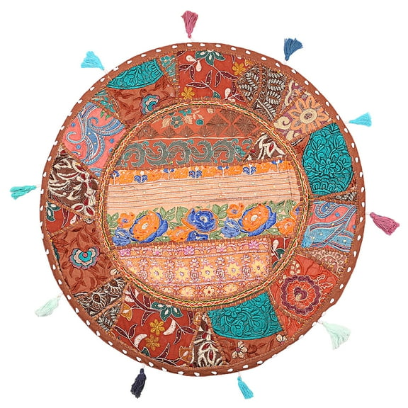 Stylo Culture Ethnic Boho Floor Pillow Vintage Patchwork Round Couch Cushion Cover Brown Big Floor Pillows 22x22 Decorative Decor Seating Tuffet Seat Pouf Cover Footstool Cotton Embroidered 1 Pc