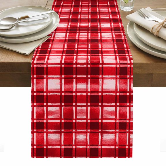 Red Plaid Table Runner - 48 Inch Long, Kitchen Dining Table Runner Dresser Scarves, Modern Art Checkered Farmhouse Farmhouse Decor for Coffee Tables Wedding Party Banquet