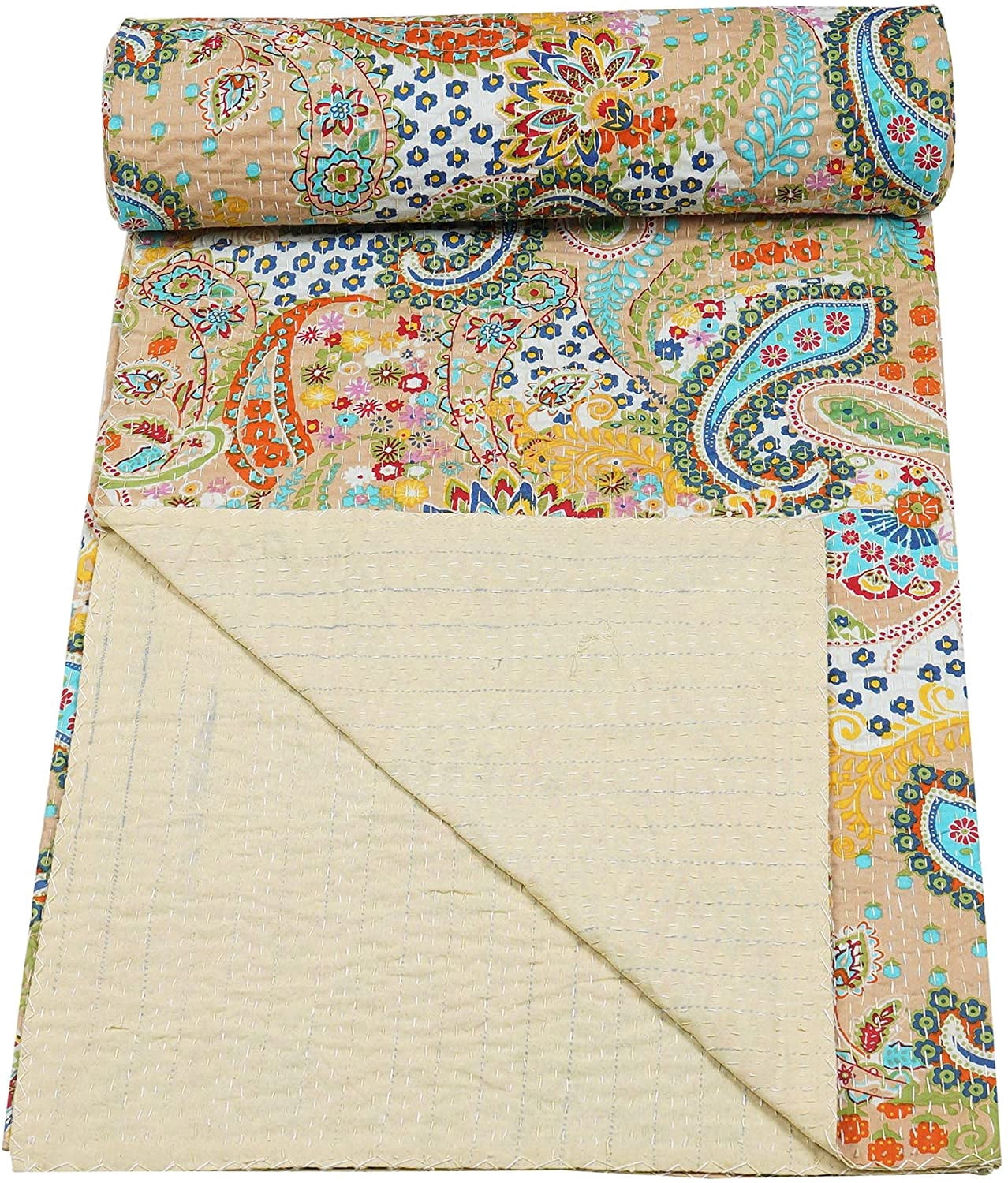 Vintage Handmade Kantha Quilt Indian Traditional Bed Cover Throw Paisley Printed Kantha Quilts (Beige Color, King (90x108 Inch)