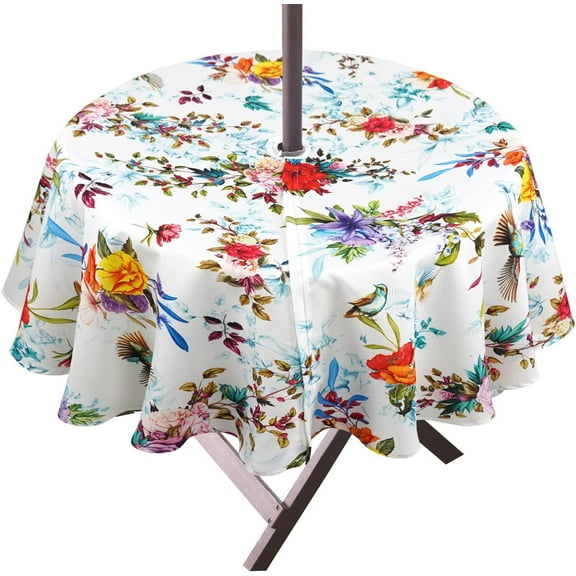 Round Outdoor Tablecloth with Umbrella Hole and Zipper 60 Inch, Fabric Waterproof Round Patio Table Cloth with Umbrella Hole for Spring/Summer/Party/Picnic, Flowers and Birds