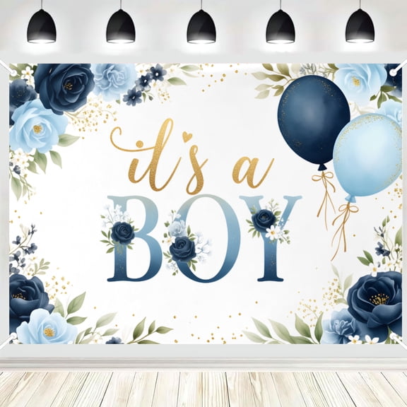 It's A Boy Baby Shower Backdrop, Blue Rose and Balloon Photography Background, Gender Reveal Party Banner, Photo Booth Decor 16x24in