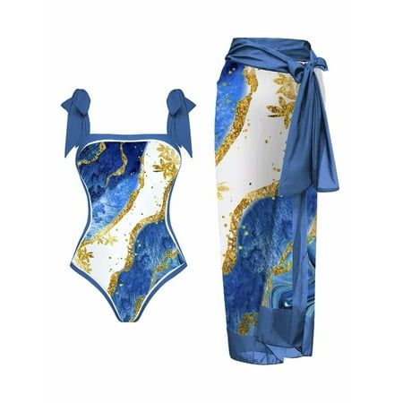 Blphud Popular Bathing Suits for Women 2024 Swim Suits for Women 2024 Womens Swimsuits 1 Piece Swimwear 1 Piece Cover Up Two Piece Vintage Print Swimsuit Swimwear Bikini 2 Piece Swimsuits Blue XXL