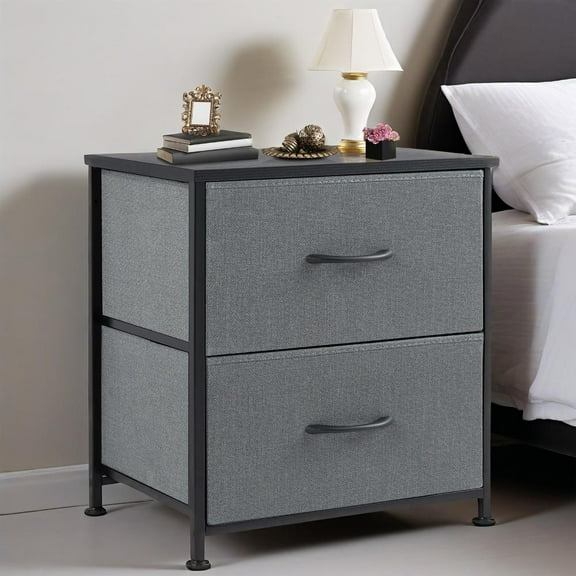 JIOABL Fabric Dresser with 2 Drawers, Nightstands with Adjustable Feet, End Table for Bedroom, Living Room, Grey, Set of 2