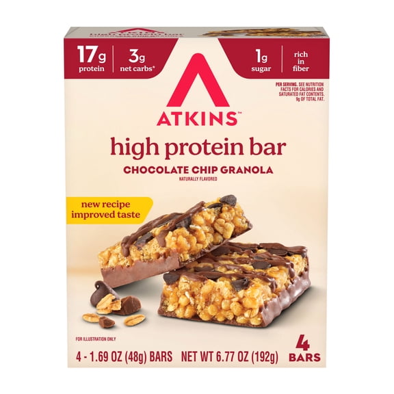 Atkins High Protein Bars, Chocolate Chip Granola Flavored, 17g of Protein, 4 Count