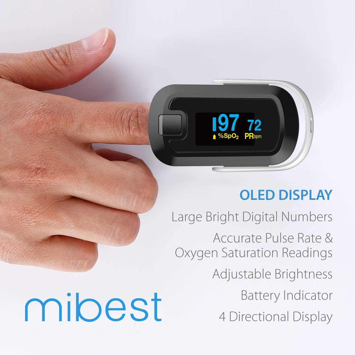 Mibest OLED Finger Pulse Oximeter, O2 Meter, Dual Color White/Black