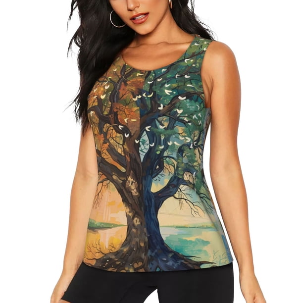 Balery Seasonal Tree Reflection Camiseta sin mangas estampada ligera para mujer, tops de entrenamiento sin mangas, camisetas de yoga transpirables de secado rápido.-Large