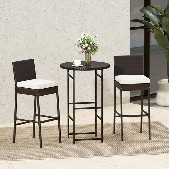 Costway 3 Piece Outdoor Bar Set Patio Rattan Bar Height Table & Chairs with  Glass Tabletop