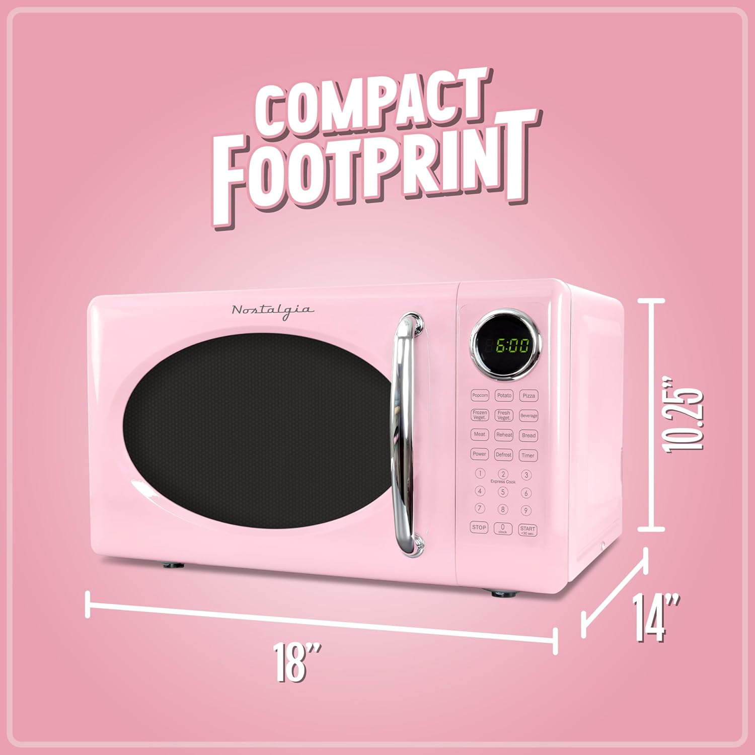 Nostalgia 0.7 Cu Ft 700-Watt Retro Pink Microwave, 8 Auto-Cook Programs, Digital Clock, Glass Turntable