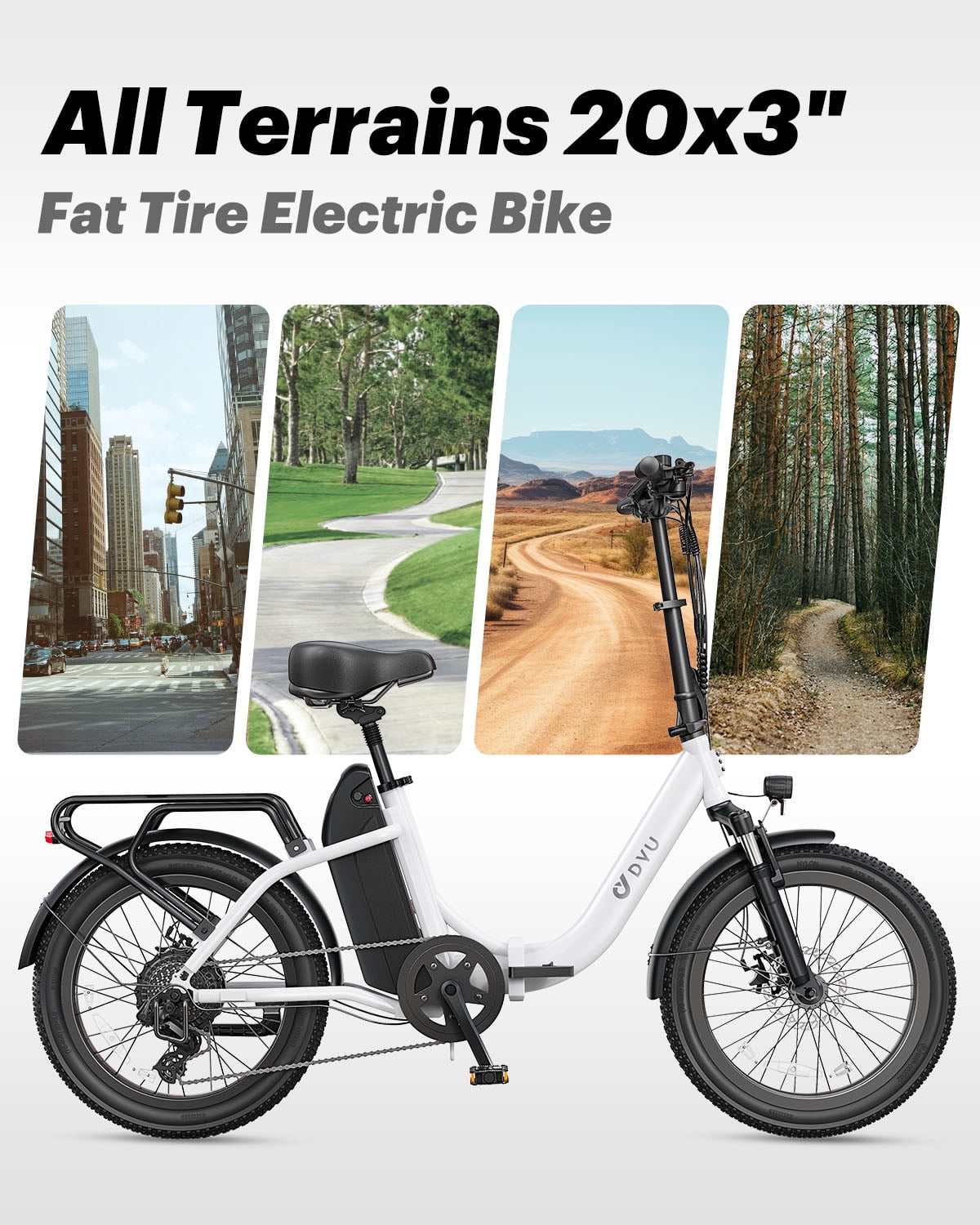 DYU Electric Bike for Adults, 20" Fat Tire Electric Mountain Bike with 48V 15.6Ah - 748.8Wh Removable Battery, Peak 1000W Motor, Max Speed 28Mph, up to 80 Miles, UL2849 Certification