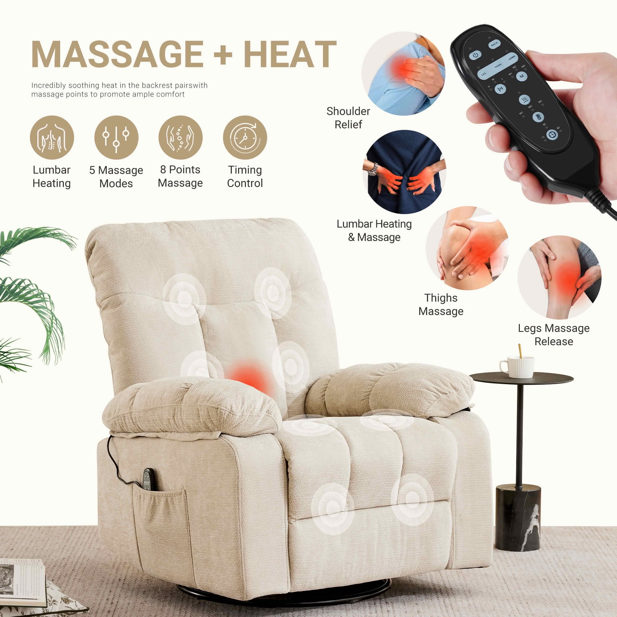 MAYEERTY Ergonomic Adjustable Rocking Rotating Lounge Chair, Vibration Massage Recliner with Lumbar Heating, Chenille Fabric High Load‑Bearing Leisure Chair for Home Use