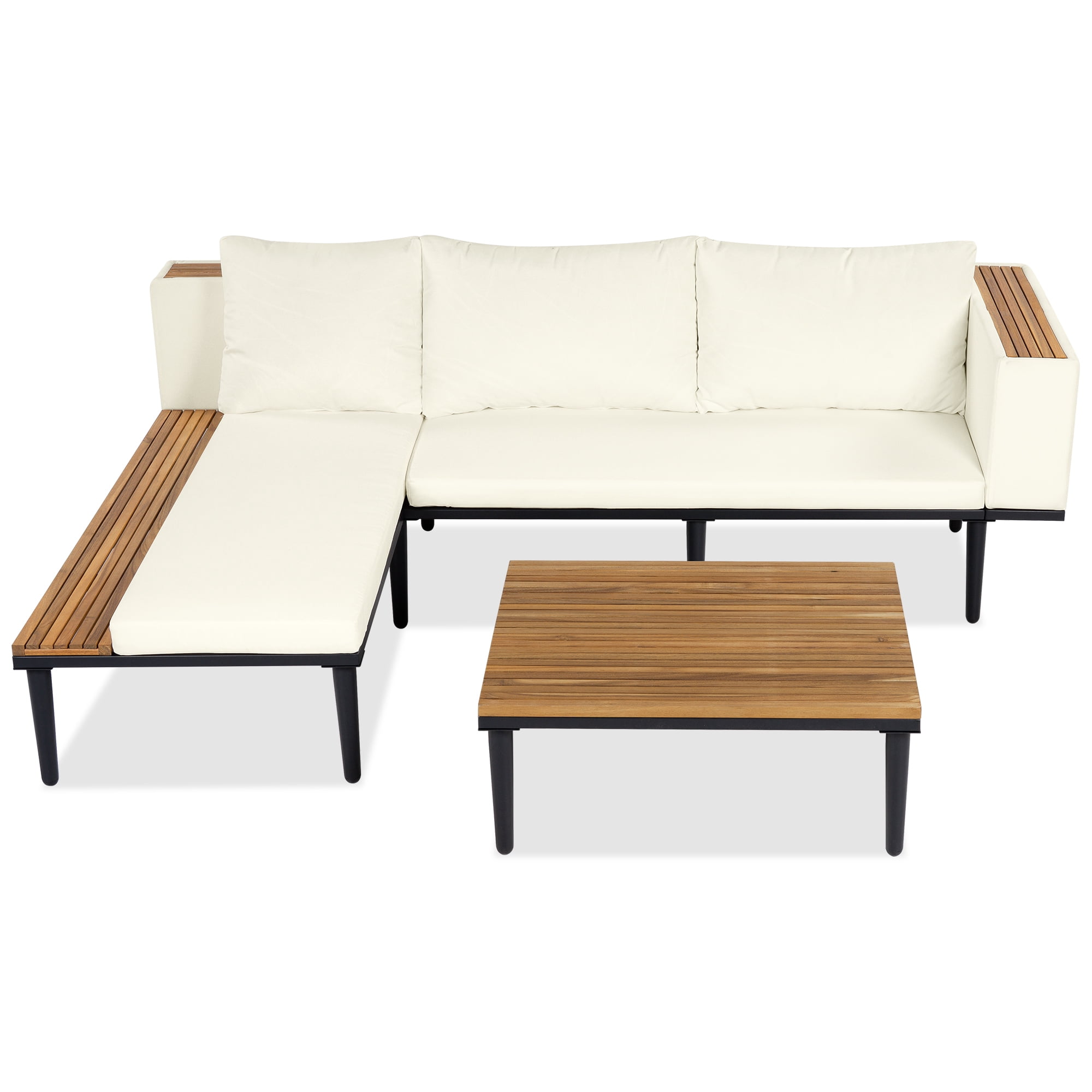 Acacia Wood L-Shaped Outdoor Sectional Sofa, Patio Conversation Set with Removable Cushions, Coffee & Side Table for Porch Backyard