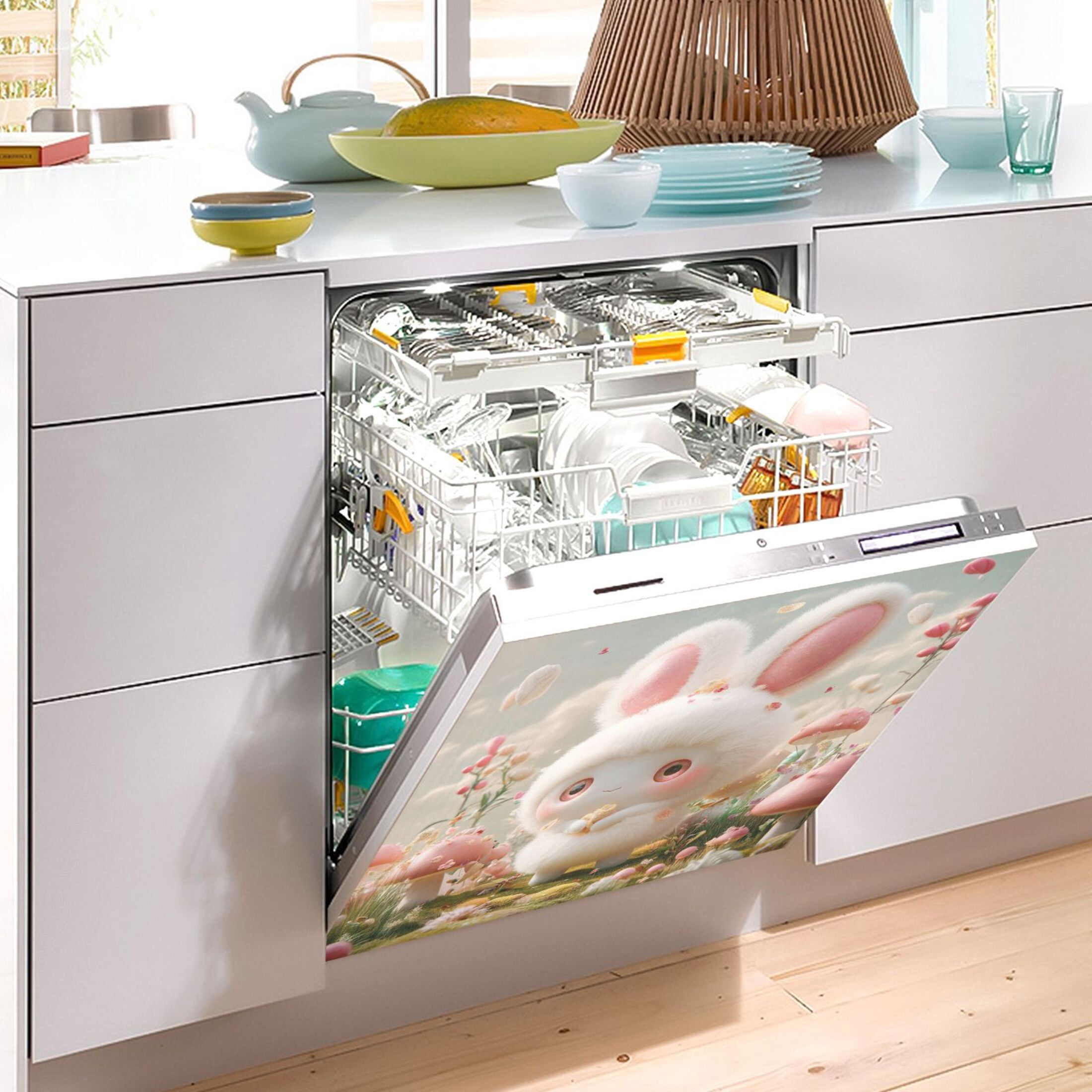 Dishwasher Magnetic Sticker 23x26 Inch Refrigerator Magnetic Sticker Washing Machine Magnetic Sticker Kitchen Panel Magnetic Sticker Home Decor White Cartoon Rabbit