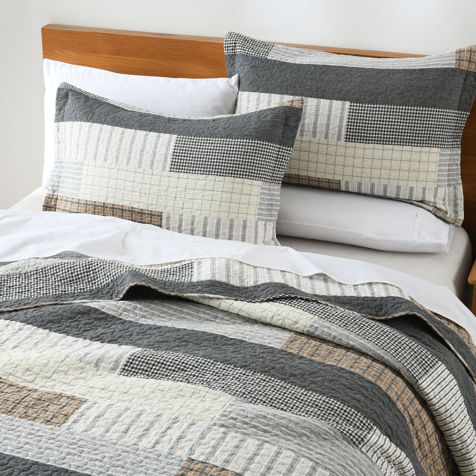 DDUOXIN Farmhouse Cotton Quilt for King Bed - 100% Cotton Gray Brown Patchwork Plaid Striped King Size Quilt Bedspread, Neutral Lightweight Reversible All Season Coverlet/Comforter Set, 3 Piece