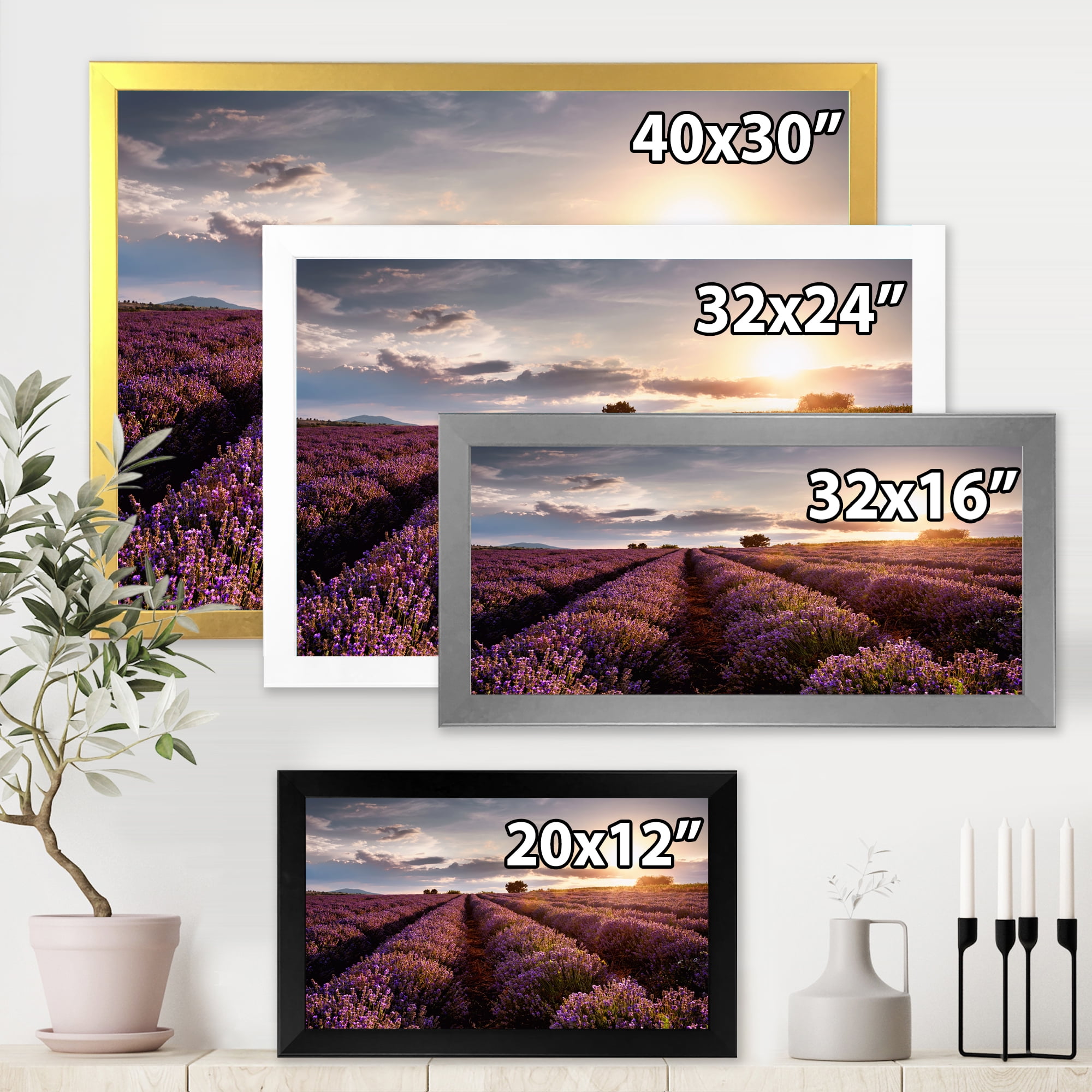 Designart 'Dramatic Clouds and Sunrise Over Lavender Field V' Farmhouse Framed Art Print