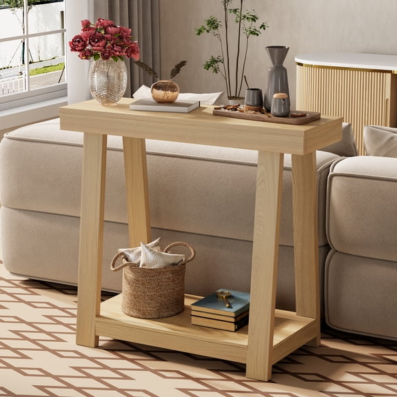 36" Entryway Console Table, Slim Industrial Sofa Table with 2 Storage Shelves, Oak Color