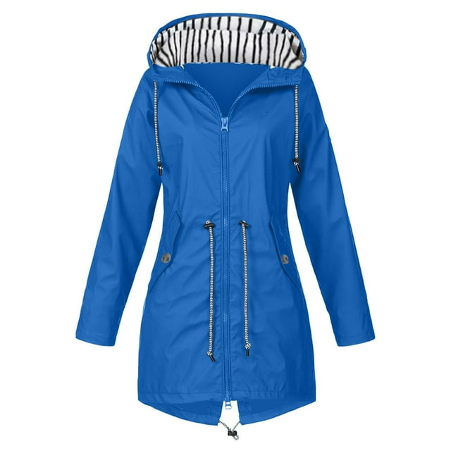 LOVZFMLL Jackets for Women Solid Rain Jacket Outdoor Hooded Raincoat Windproof Top
