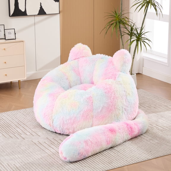 LUFTUT 41.7" Cat Bean Bag Chair with Tail Pillow, Cute Faux Fur Lounge Chair with Shredded Foam Filling, Oversized Floor Sofa for Bedroom Living Room Reading Gaming Room Dorm,Rainbow