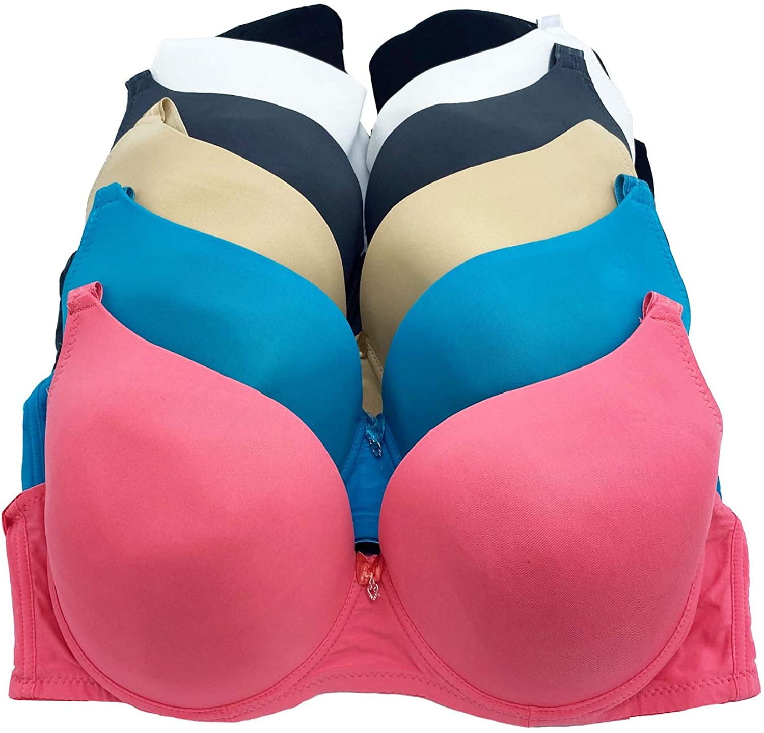 6 Pieces Plus Size Wired Full Cup Plain Gentle Push Up Bra D/DD (36DD)