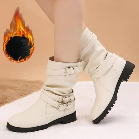 

Tdoqot Womens Leather Shoes- Chunky Heel Casual Low-heeled Christmas Gifts Women s Mid Calf Boots White 43