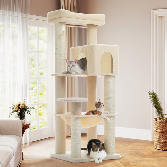 HarmonyStrings  Large Cat Tree with Reinforced Scratching Posts for Big Adult Cats 30 lbs, 57.8" Heavy Duty Cat Tower with Larger Hammock and Condo, Cat Furniture for Maine Coon, Plush-Beige